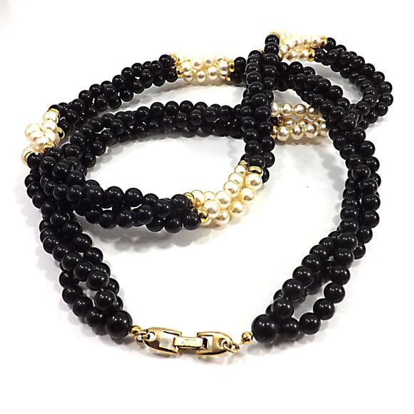 Vintage Napier Faux Pearl Black Bead Necklace, Twisted Strands, 1980, 31" - Picture 7 of 10